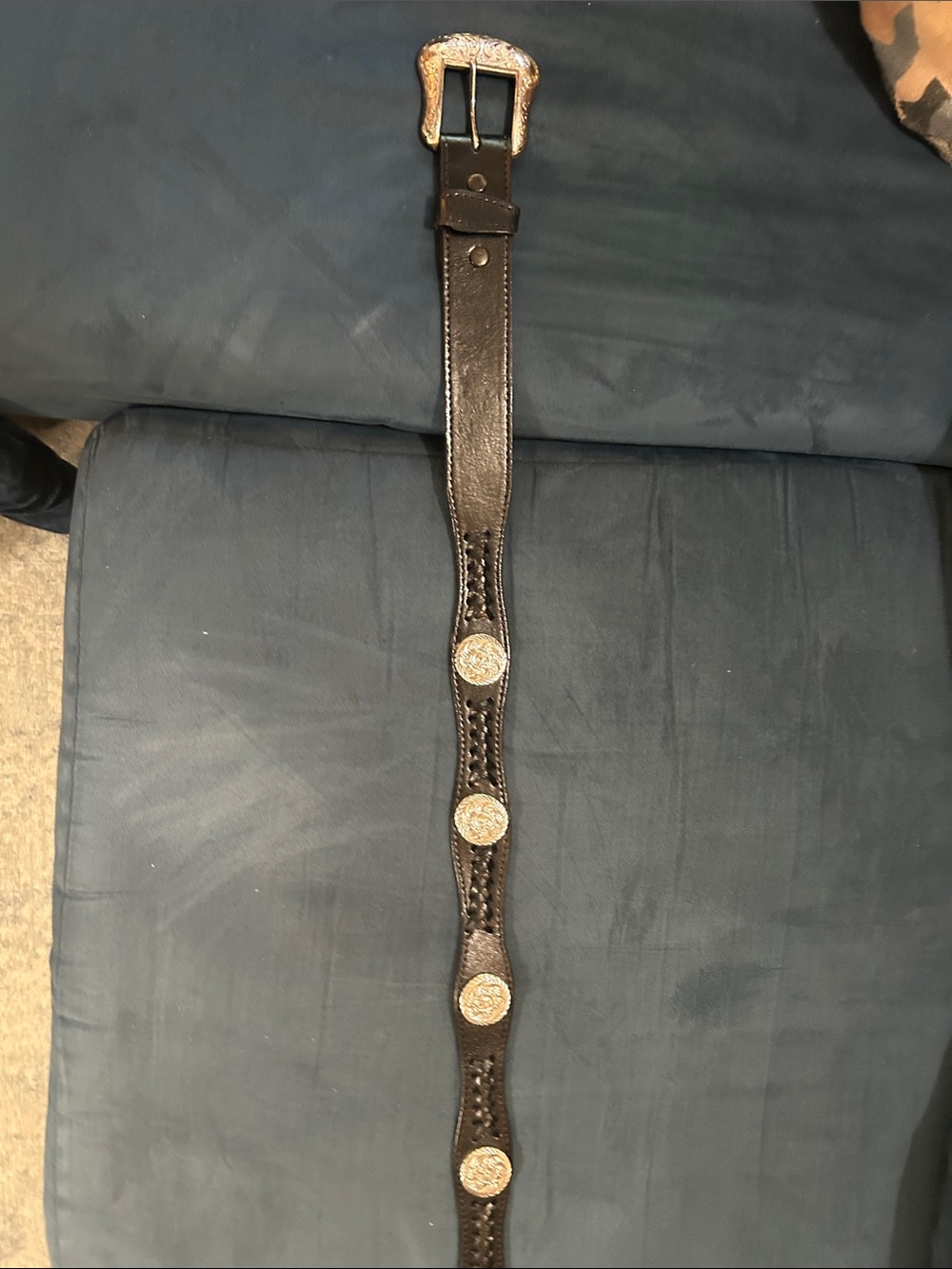 Western Style Black Leather Men’s Belt with Decorative Conchos